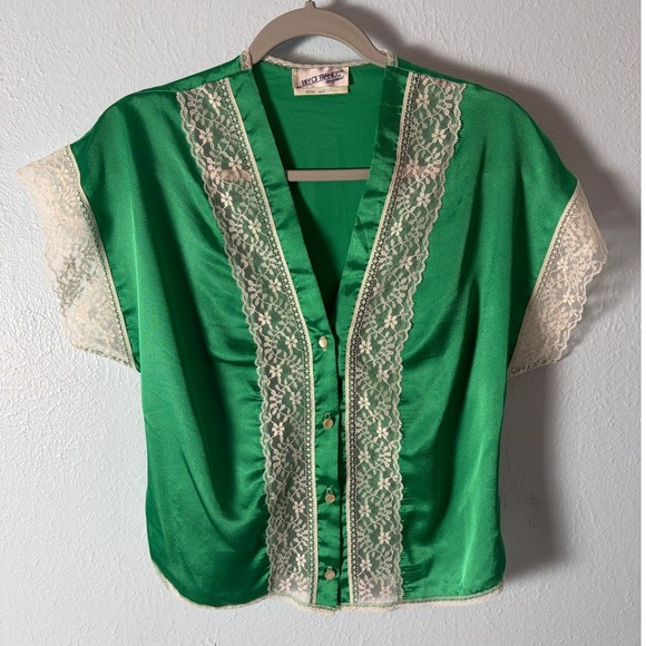 Lily of France Other - Lily of France VTG 70's Green Satin Lace Trim Top Petite Made in USA Coquette